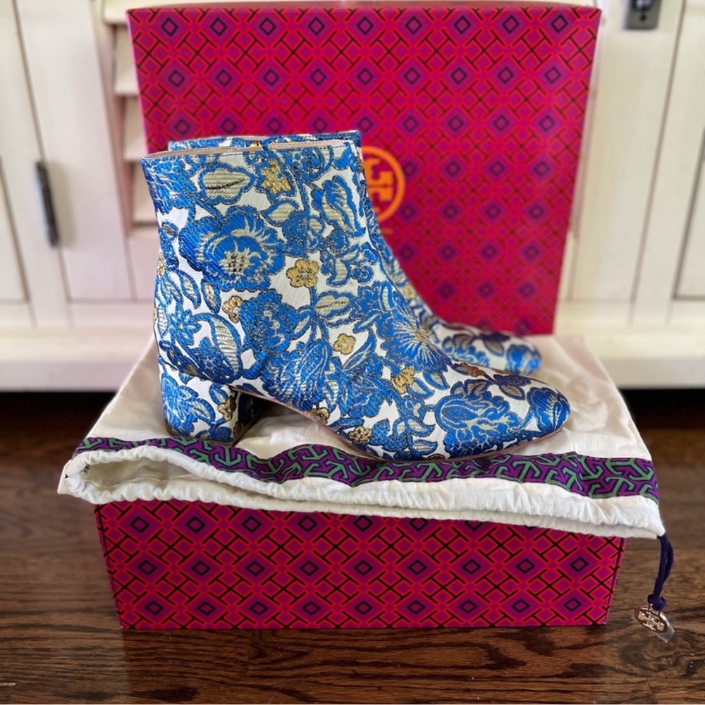 Tory Burch Blue and Gold Floral brocade Ankle Boots 10 - Picture 2 of 11